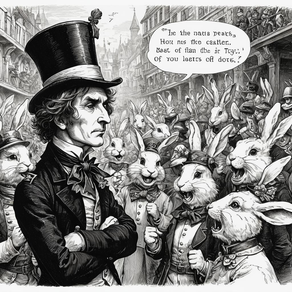 black and white detailed pen and ink by John Tenniel with an intricate sketchy white vignette border, showing a crowd of...