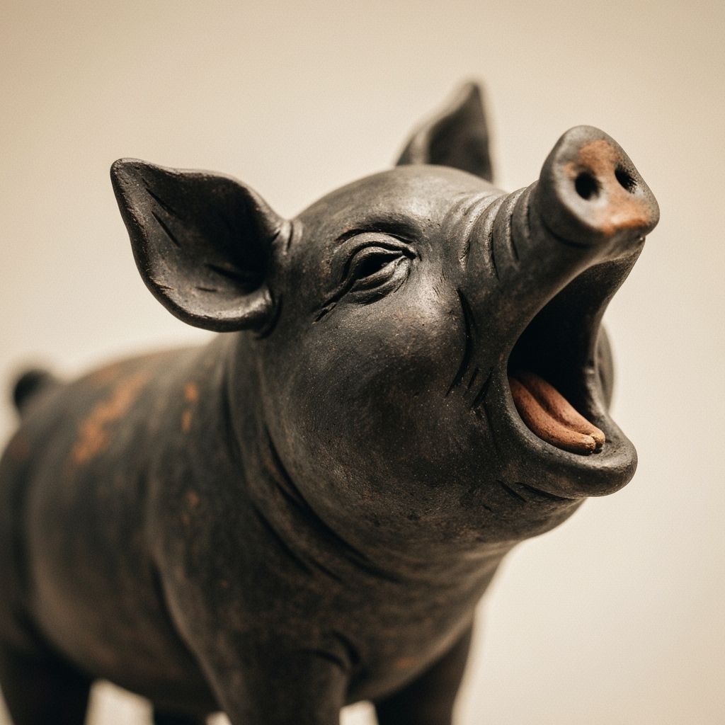 Black Clay Pig Figurine Mid-Yawn Close-Up