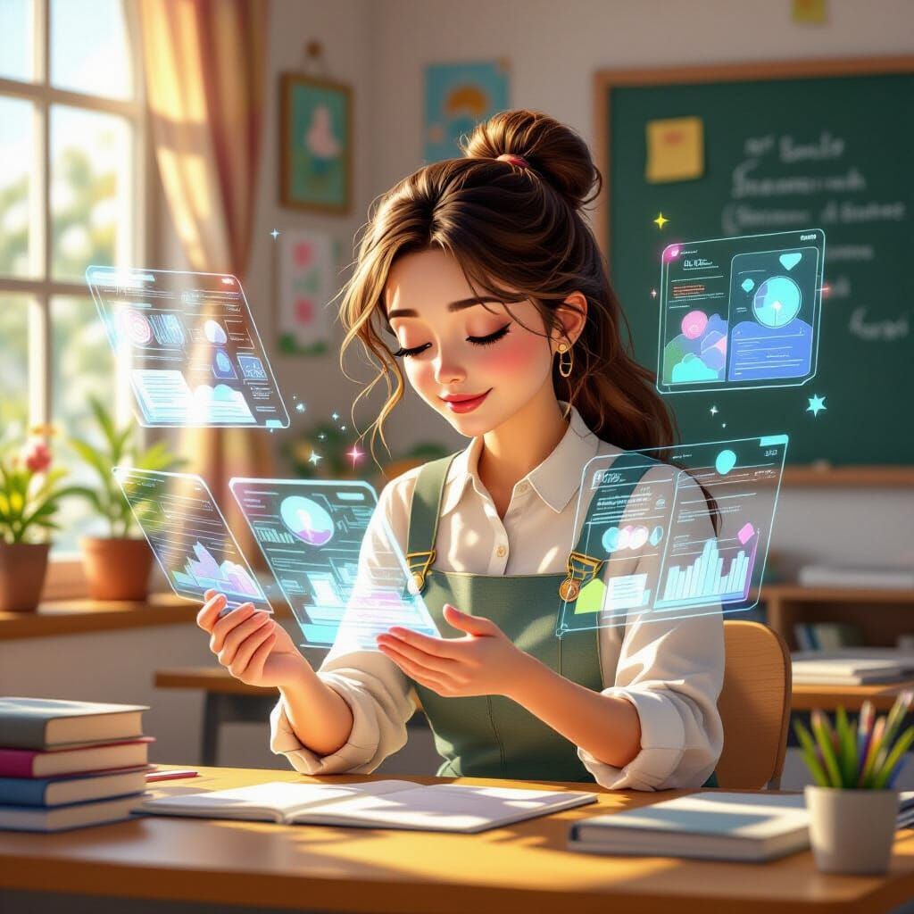 Teacher Prepares Lessons with Holographic Plans in Cozy Clas...