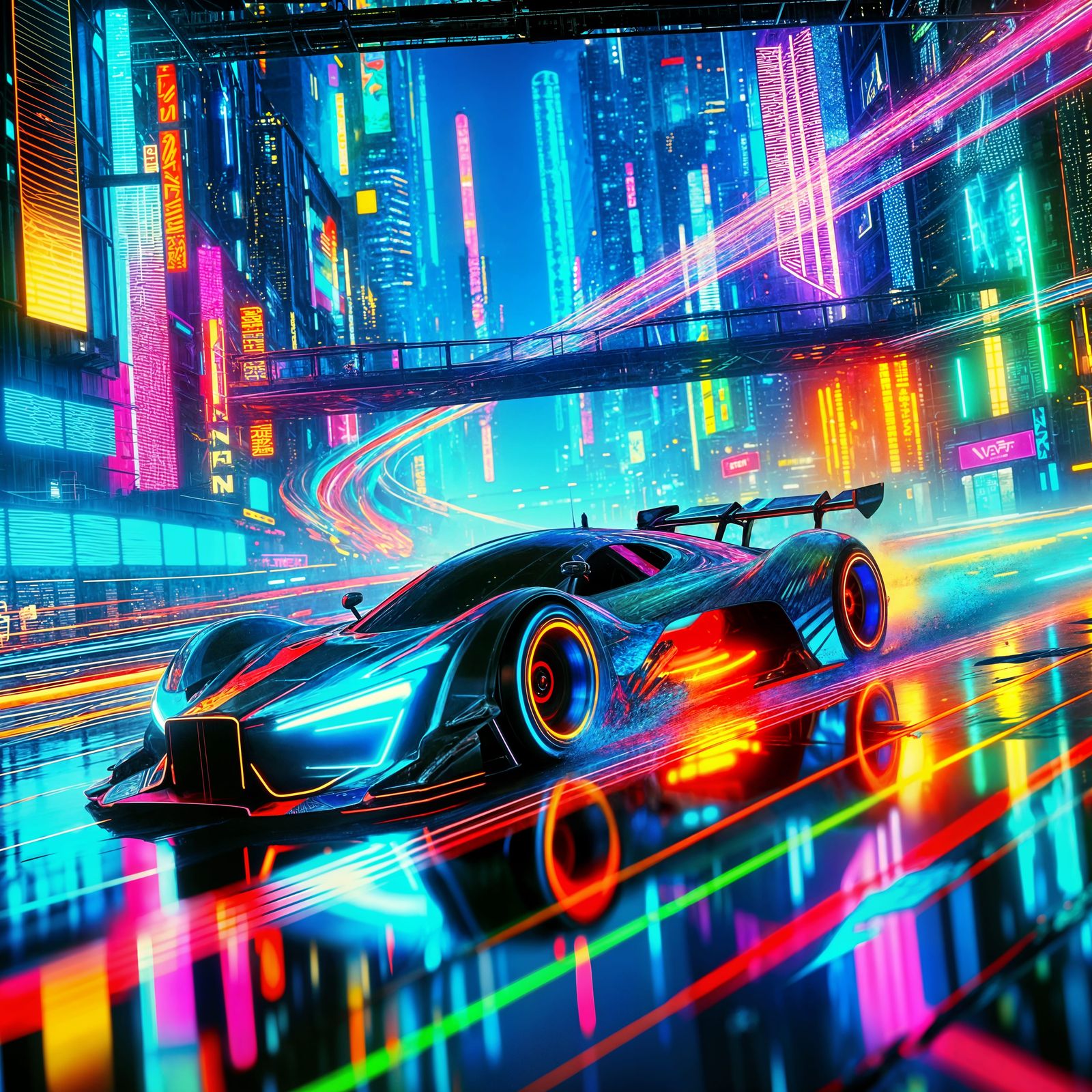 Futuristic Race Car Speeds Through Neon Cityscape
