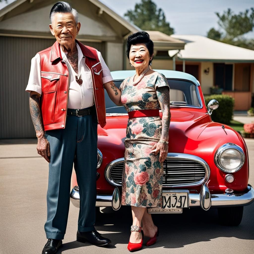 Vintage Rockabilly: Asian Couple with Classic Jaguar