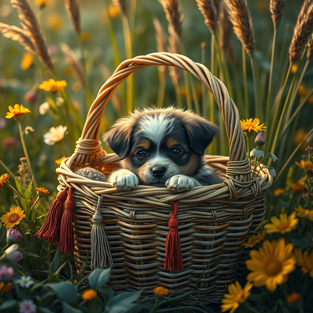 Puppy in Picnic Basket: Detailed Matte Painting