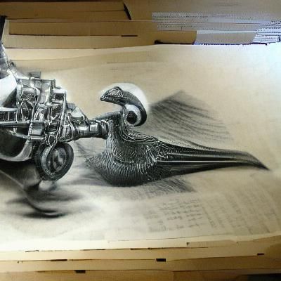 Mechanical Bird Delivering Scroll: Charcoal Drawing