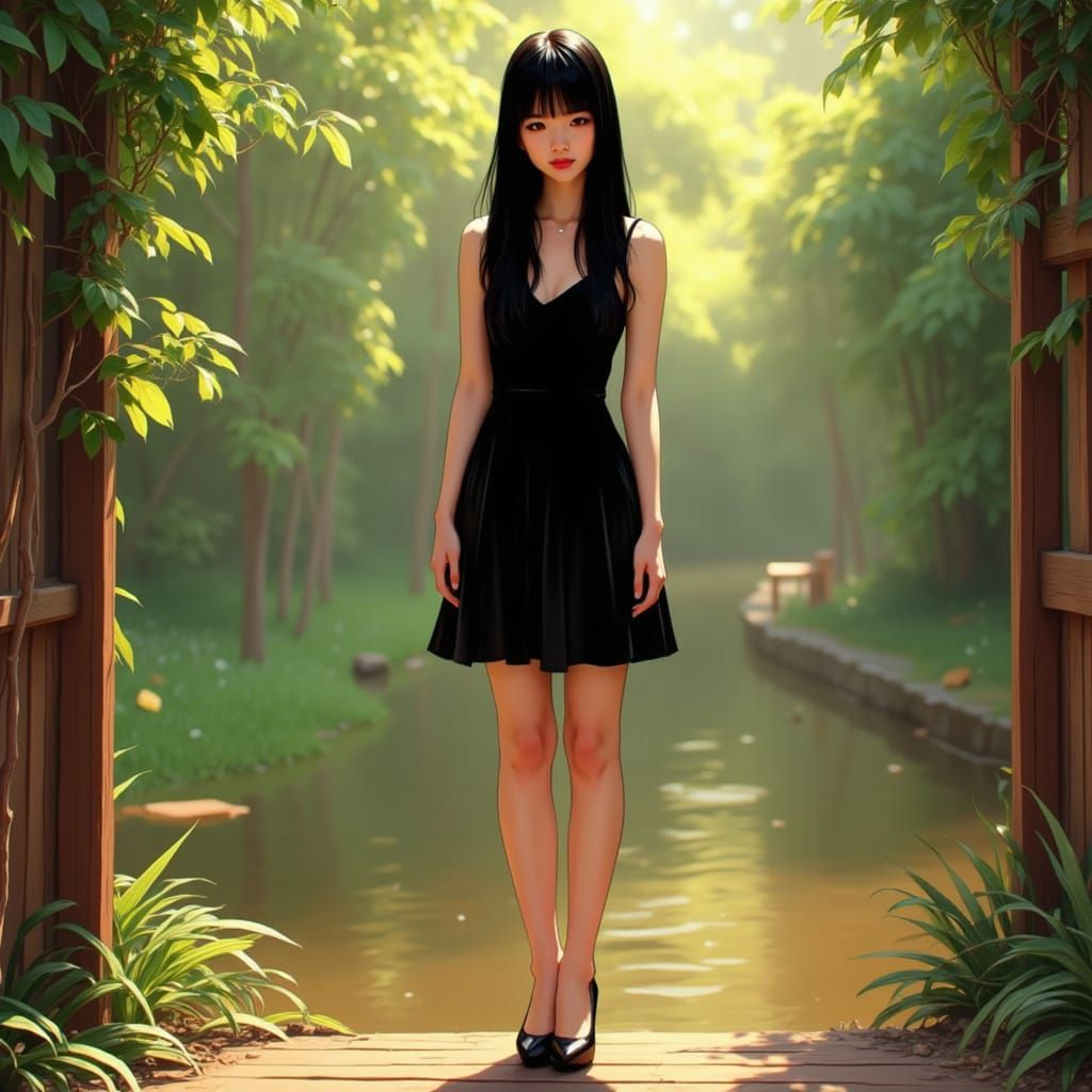 Asian Woman in Elegant Black Dress in Whimsical Natural Sett...