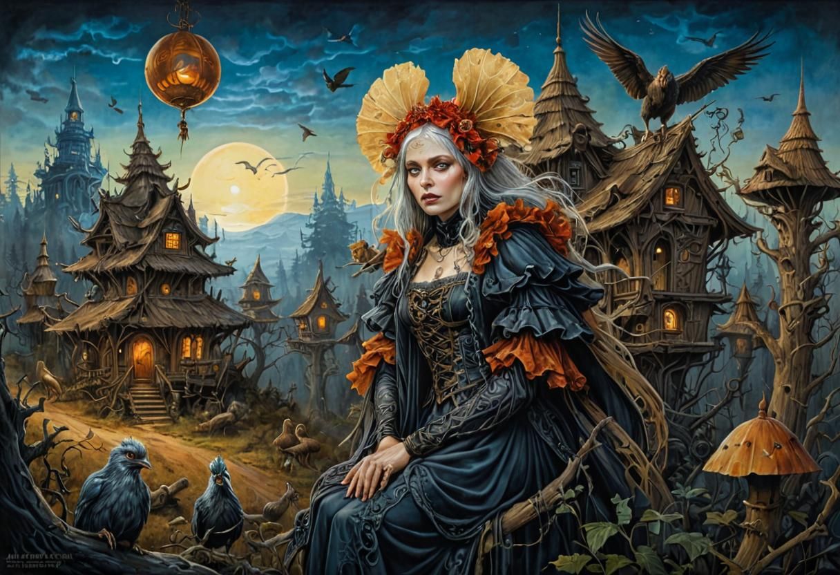 Baba Yaga in Mystical Forest: Grotesque Art Nouveau Drawing