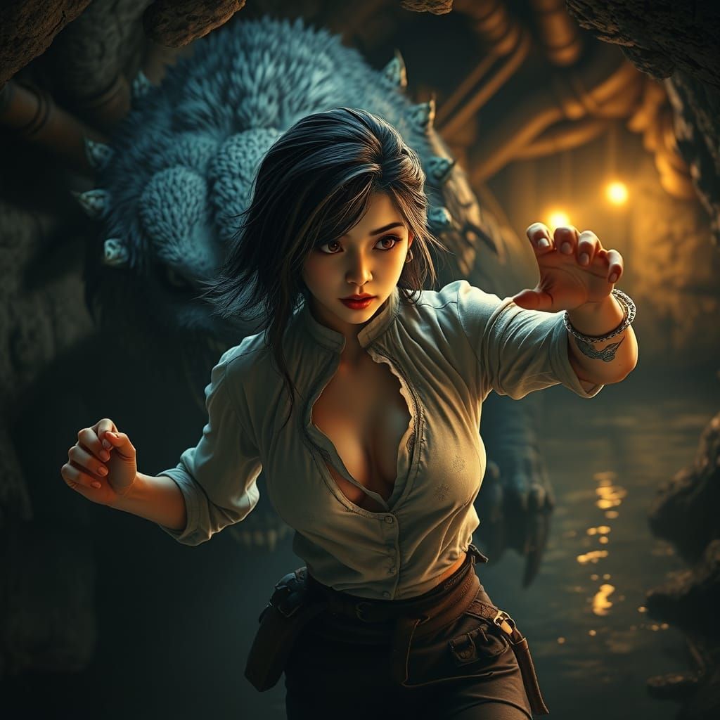 Thief Battles Monster in Flooded Catacombs