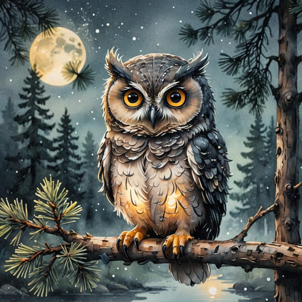 the cutest Chibi owl ever with very bright eyes sitting on a...