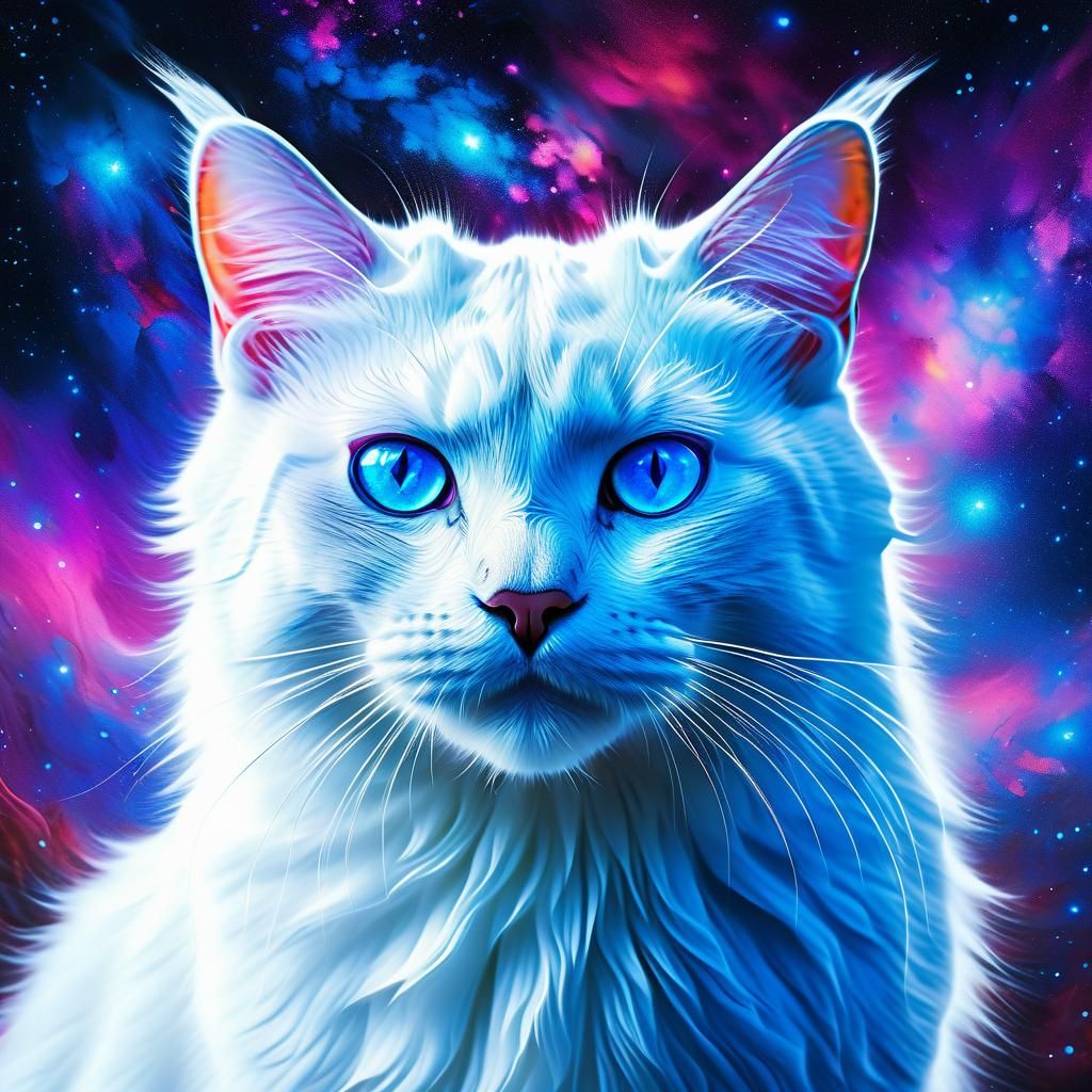 Mystical Cat in Cosmic Ink Splatter Landscape