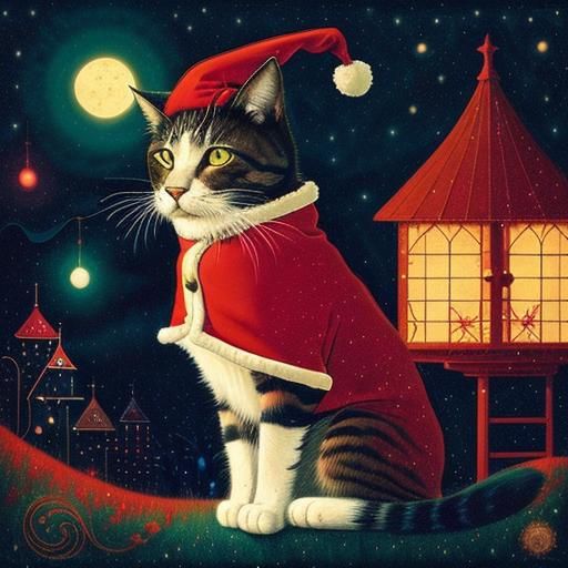 Cat Dressed as Santa Claus in Collage Style