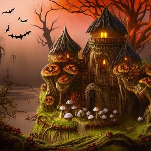 Fantasy Halloween Landscape with Ancient Castle Ruins