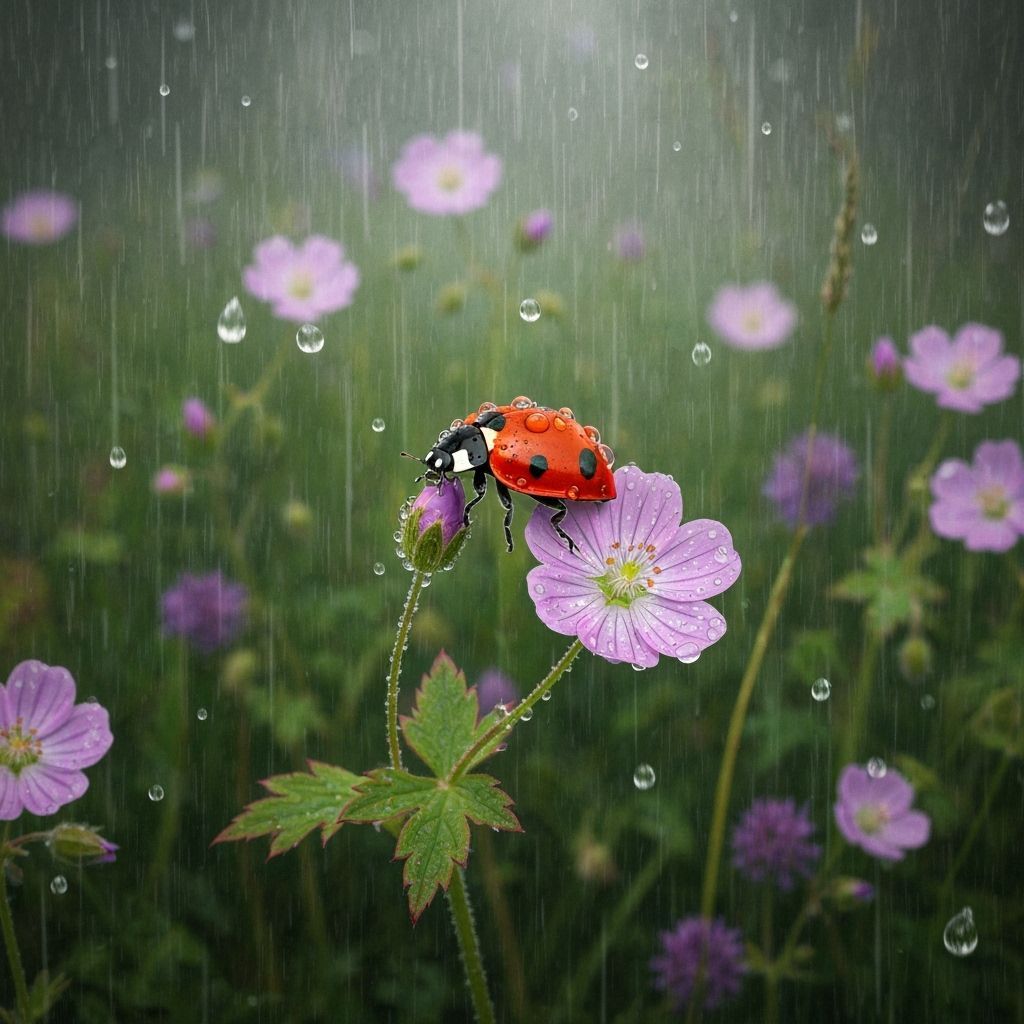 Ladybug in Summer Rain on Wood Cranesbill