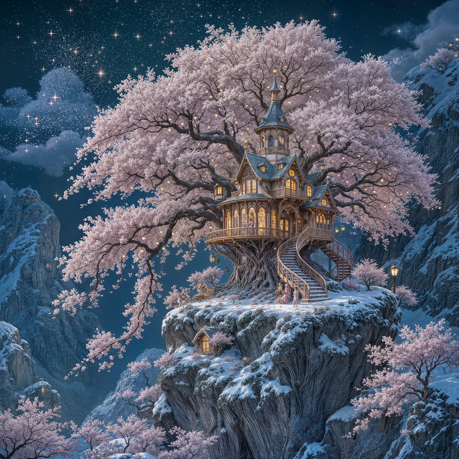 Whimsical Treehouse Sanctuary in a Pink Cherry Blossom Tree