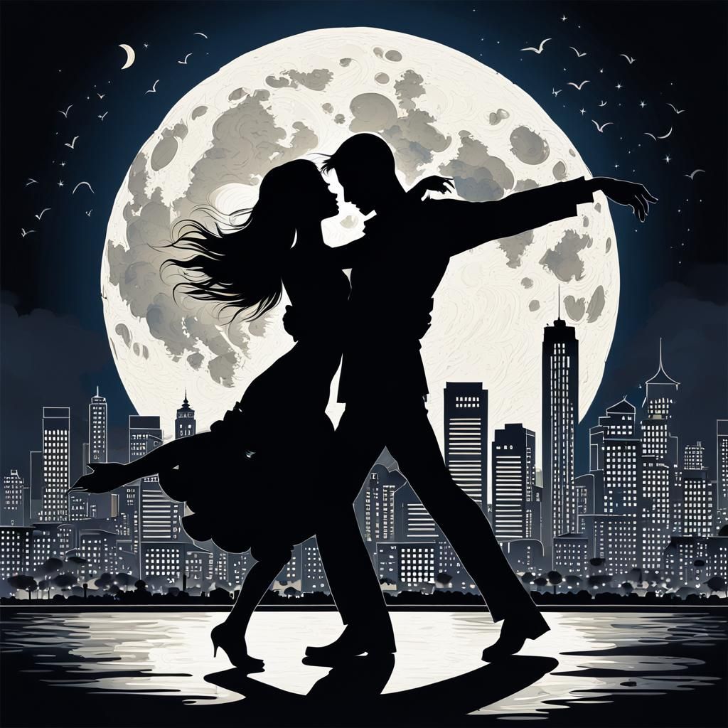 Silhouette Dance Under Moonlight Cityscape