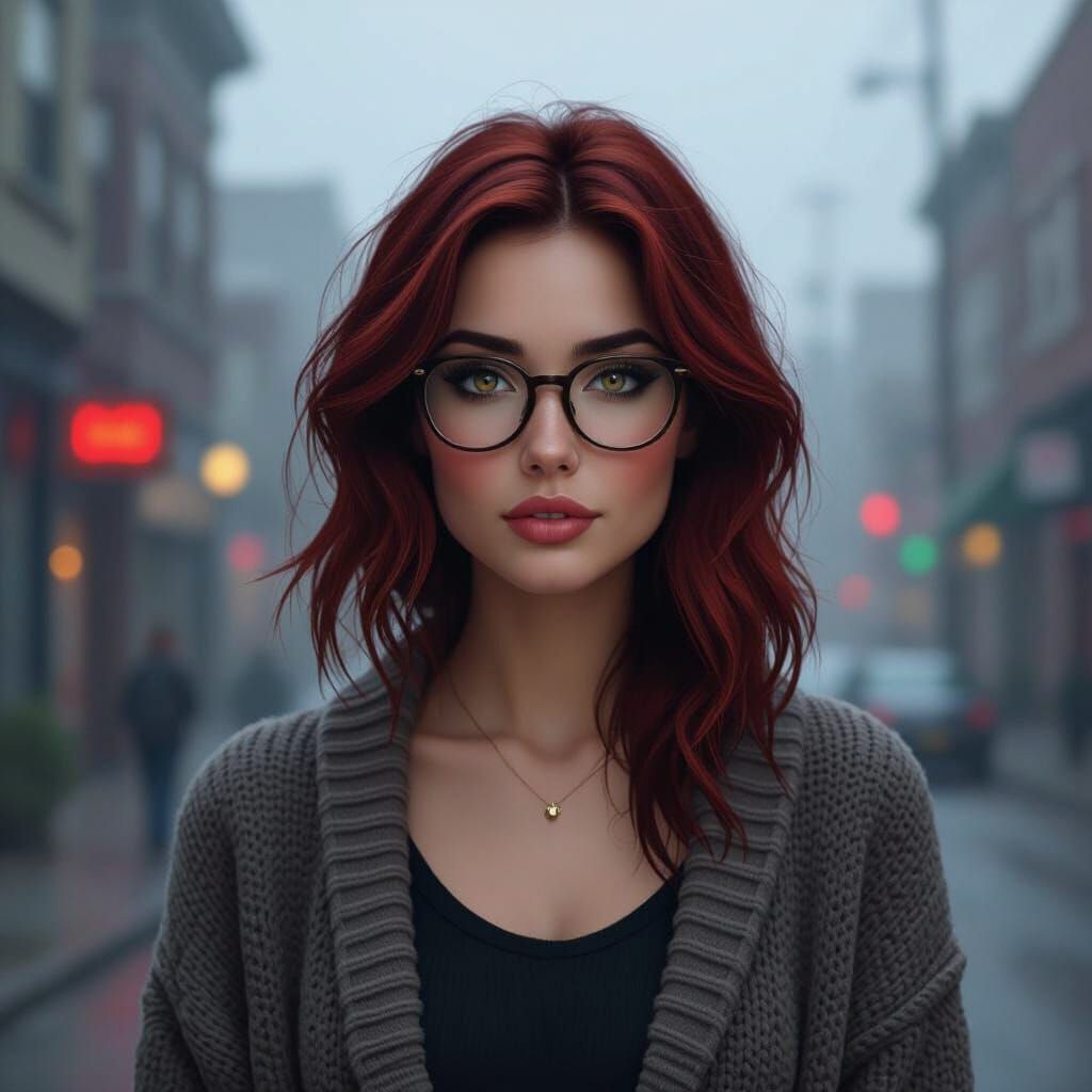 Dark Red Haired Woman in Misty Portland Streetscape