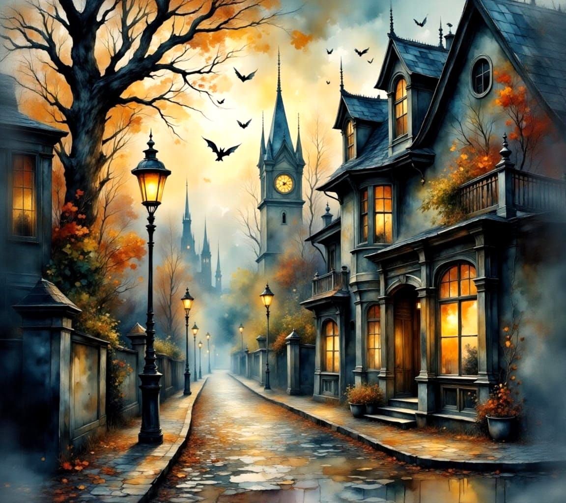 Foggy Autumn Street with Flickering Lamps and Bats