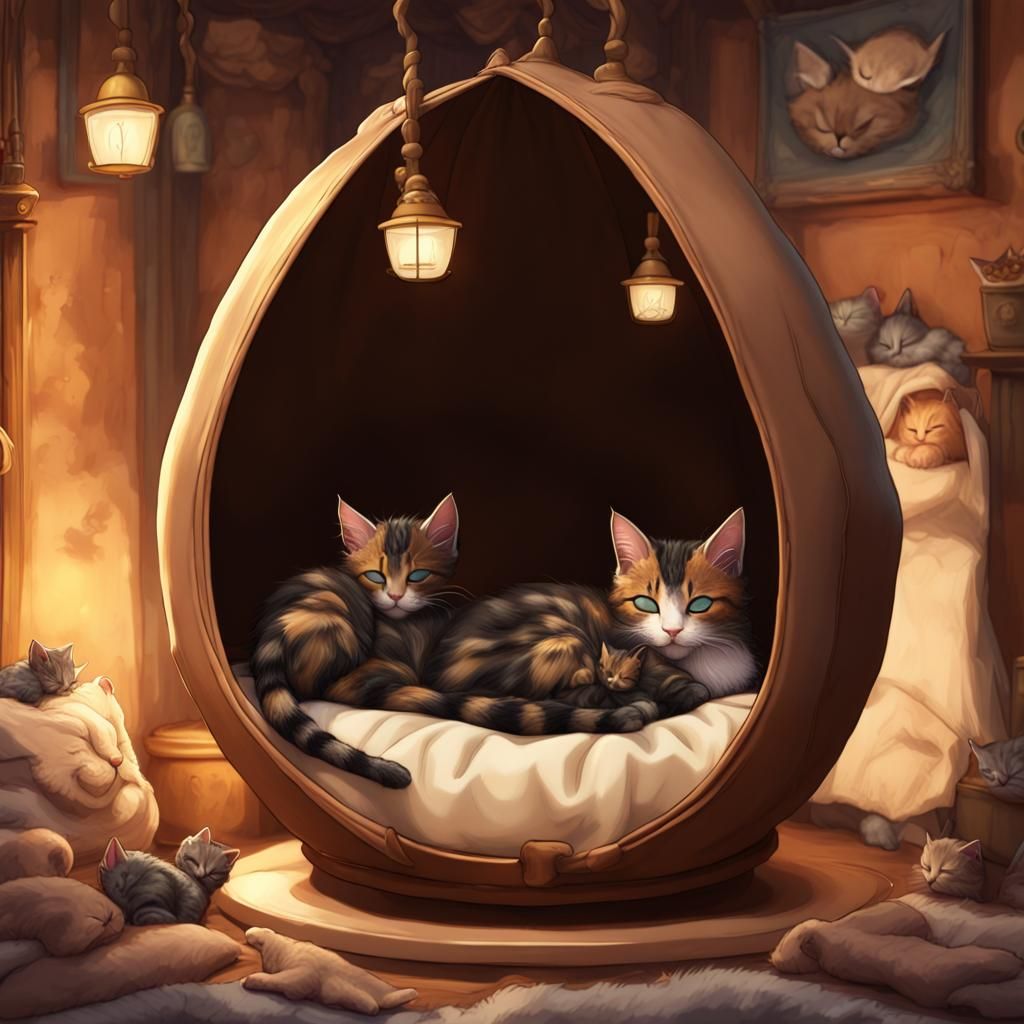 Tortoiseshell Cat and Kittens in Canopy Bed