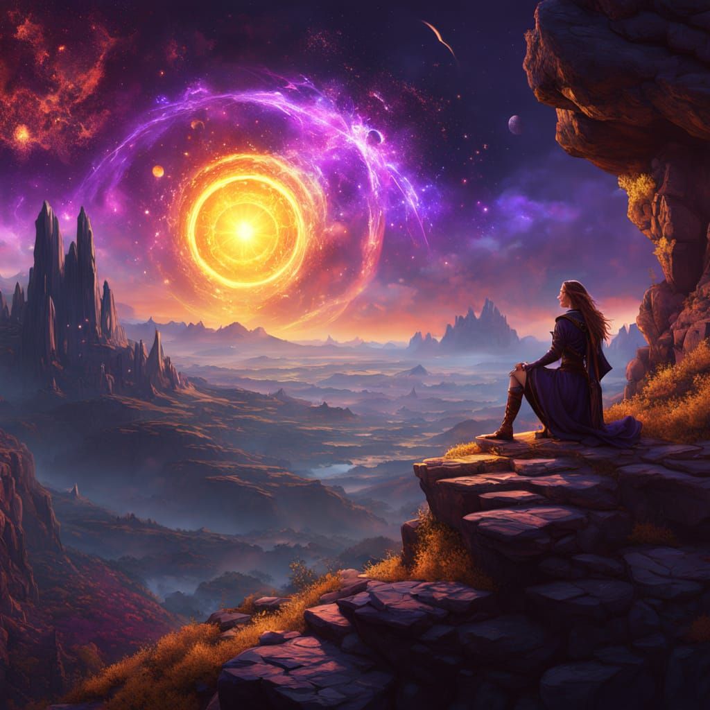 Sorceress Gazing Over Cosmic Precipice: Digital Art
