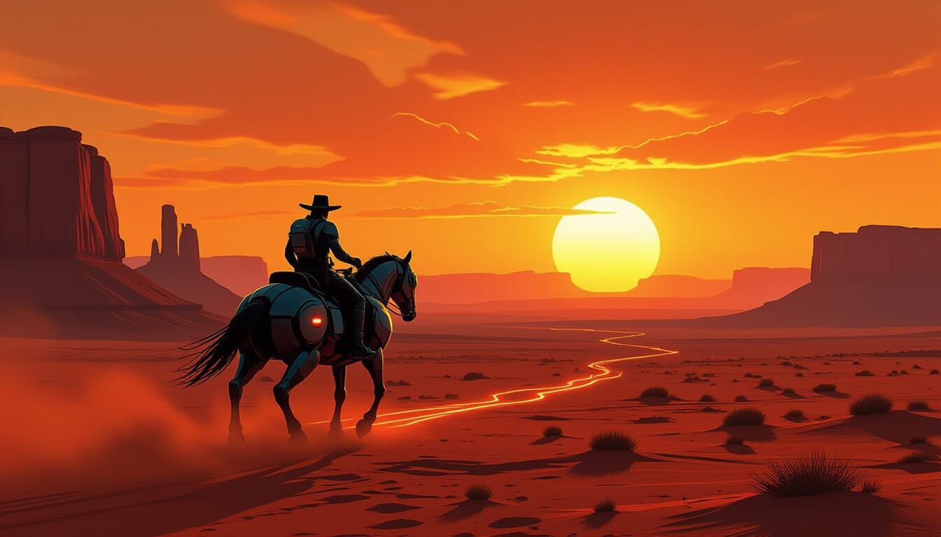 Lone Rider on Alien Planet at Fiery Sunset