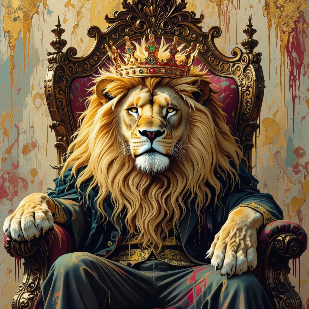 Lion King in Decaying Throne Room, Surrealist Style