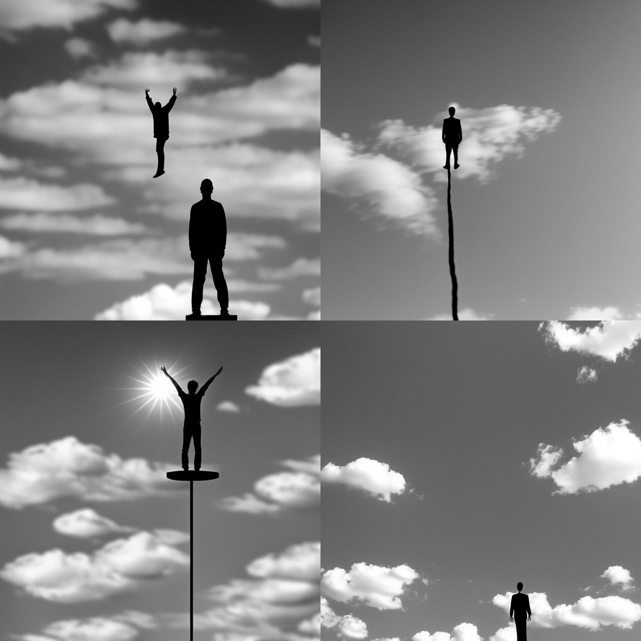 Monochrome Photo of Levitating Man Among Clouds