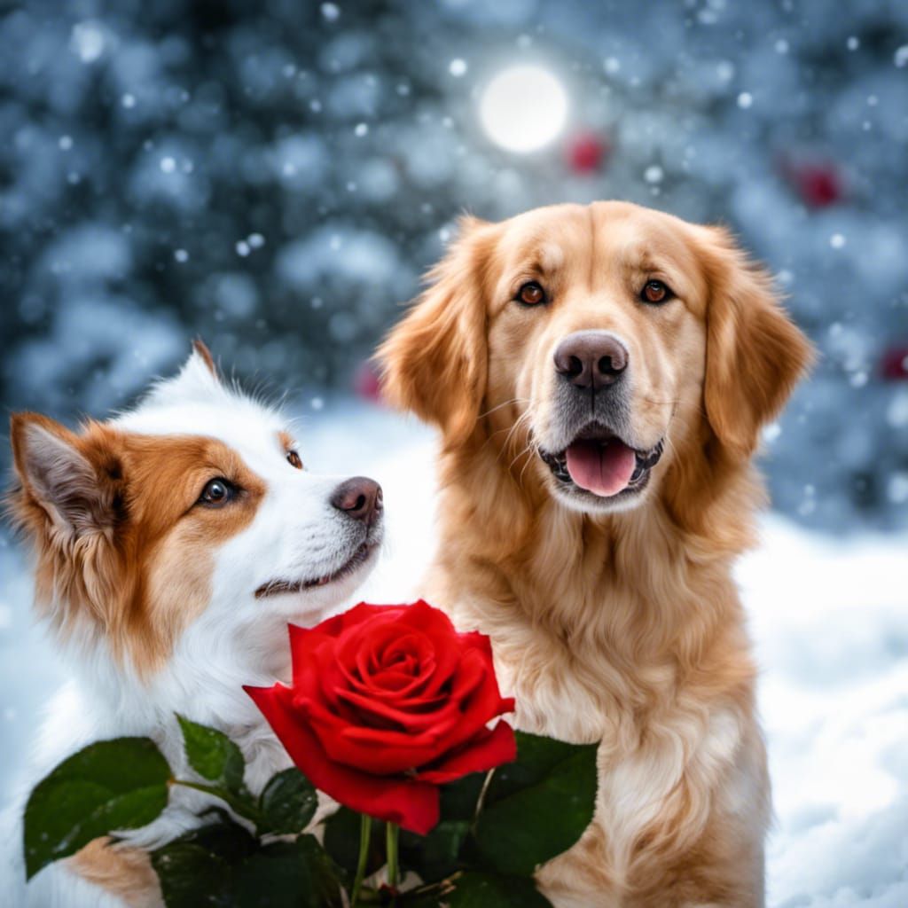 Elegant Dog and Cat in Snow with Roses