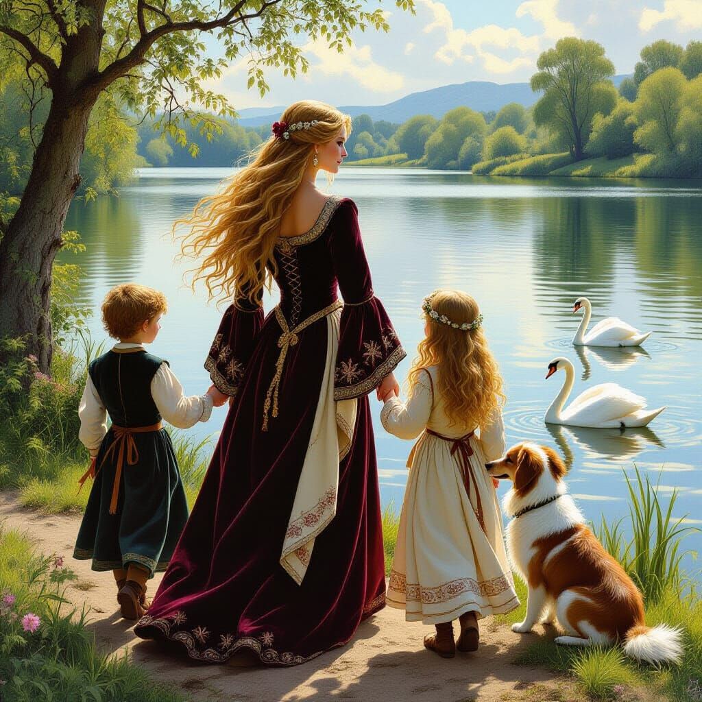 Medieval Family Stroll by Lake, Pre-Raphaelite Style