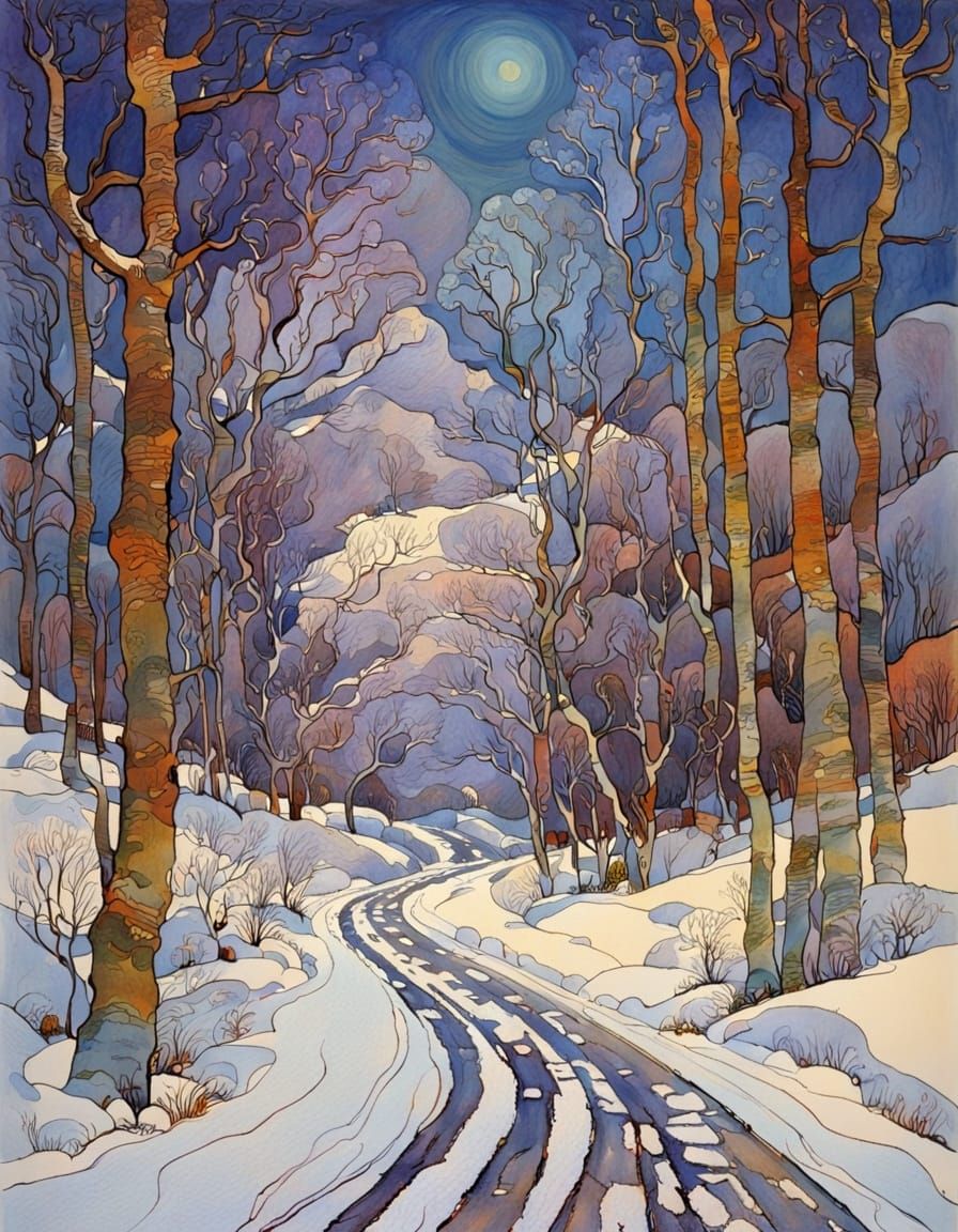 Winter Landscape Art Nouveau Watercolour Painting