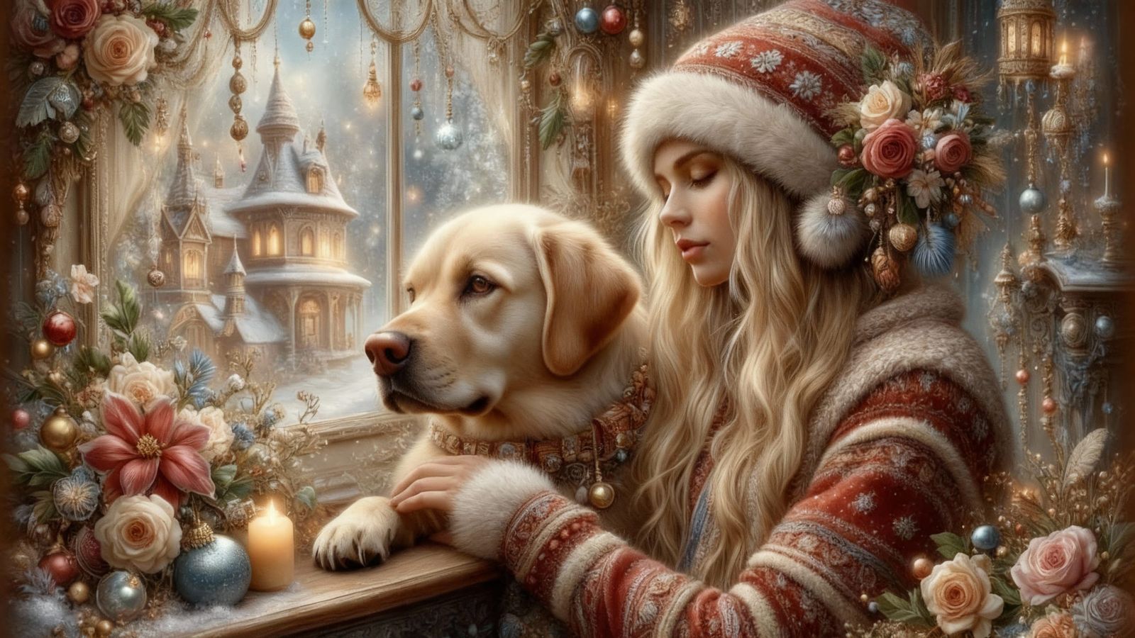 Woman and Labrador in Snowy Village, Disney Pixar Style