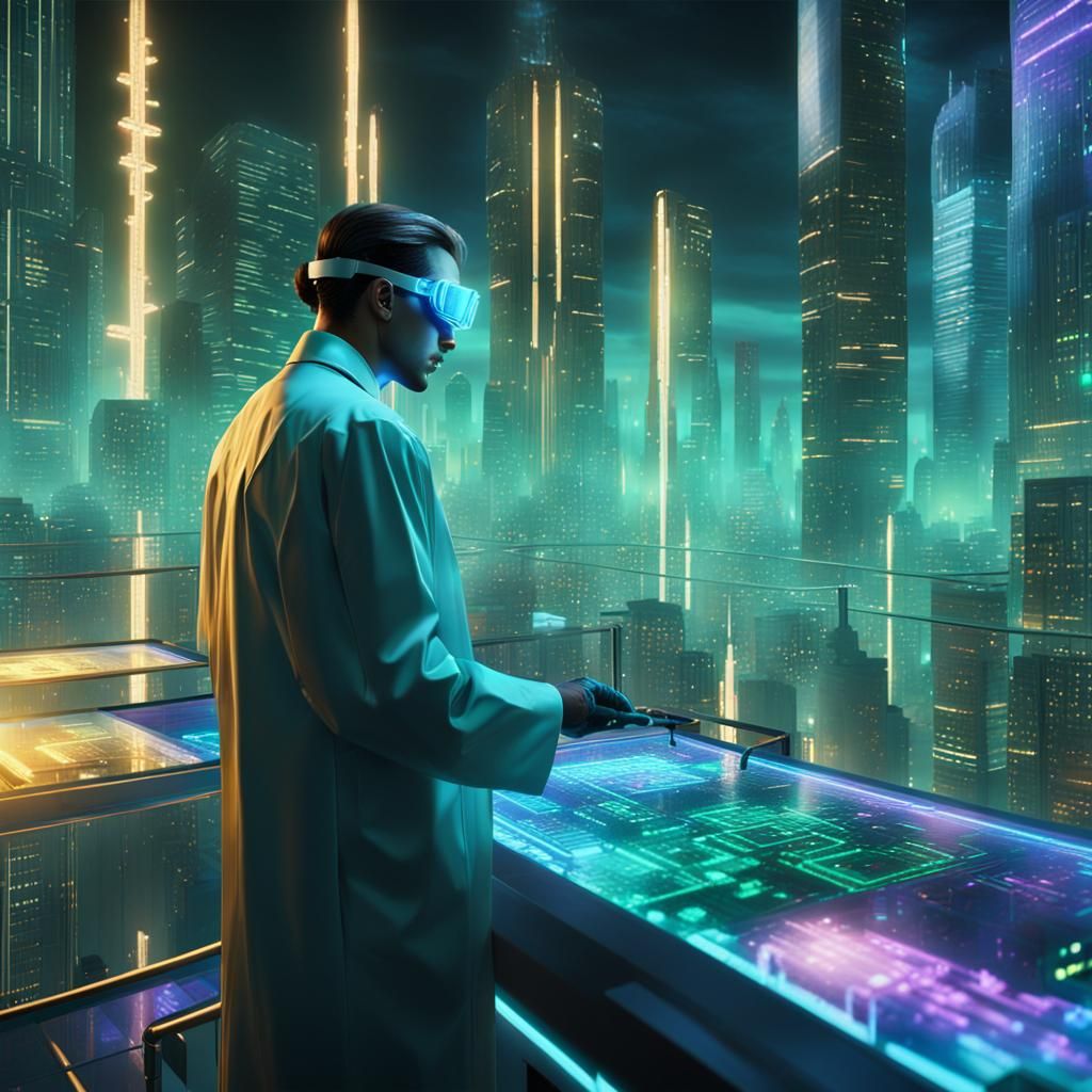 Cyberpunk Doctor Examining DNA in Futuristic City