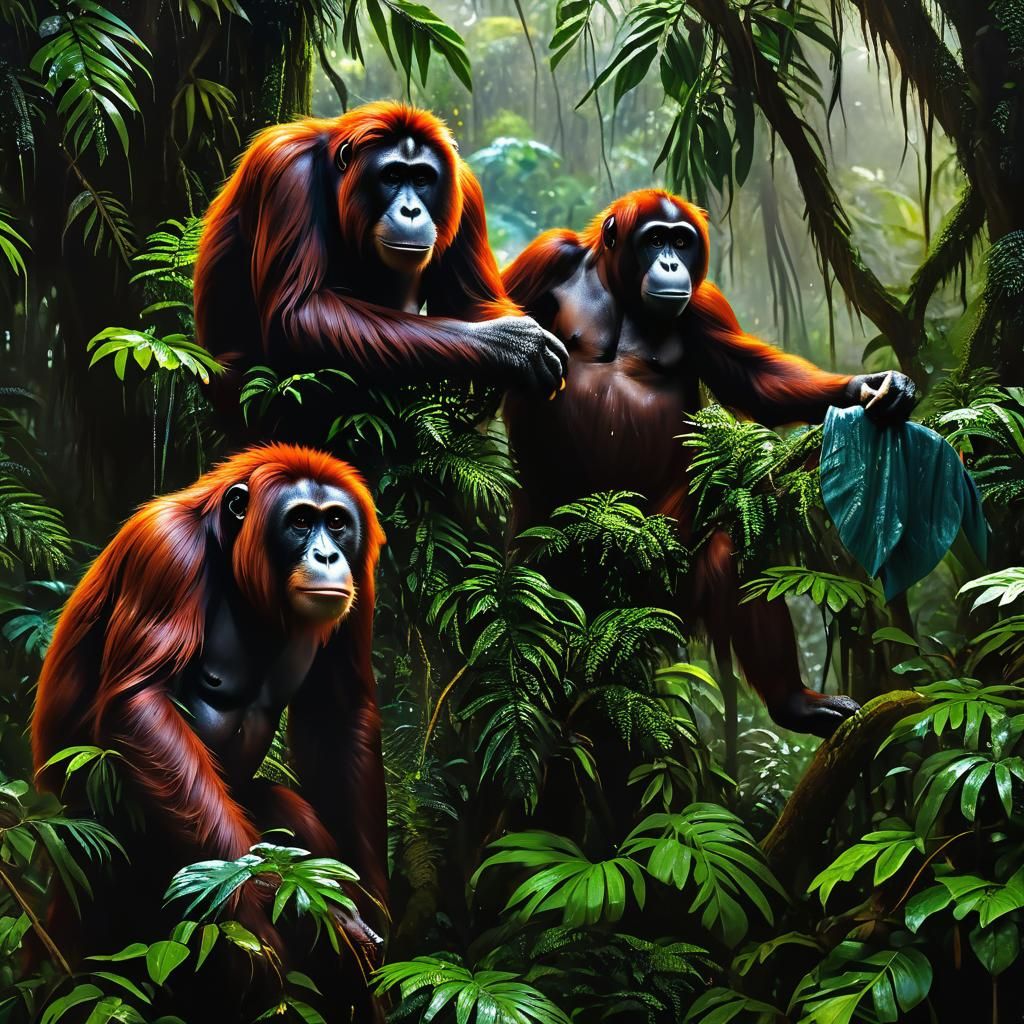 Orangutan Mother in Hyperdetailed Rainforest: Dark Romantici...