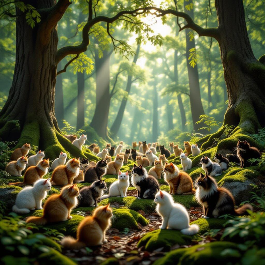 Vast Forest Clearing with a Hundred Diverse Cats