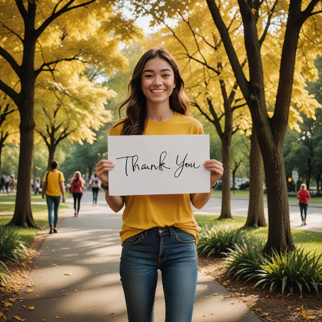 Sunny Teenage Girl Holds Gratitude Banner in Park