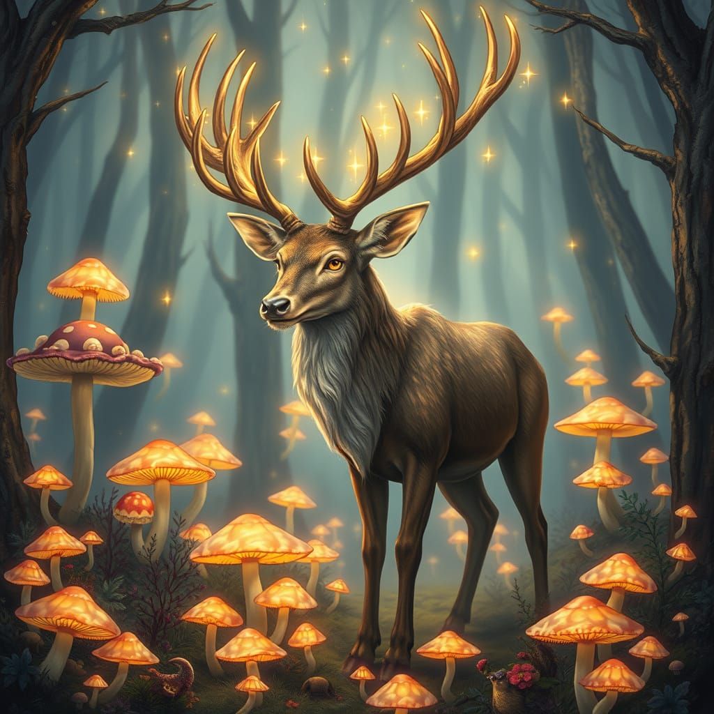 Glowing Stag in Enchanted Mushroom Forest