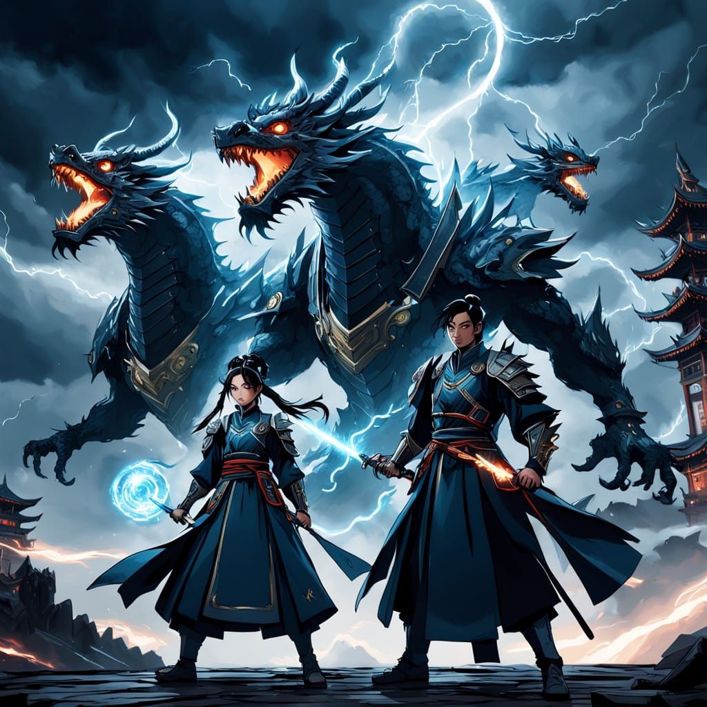 Cyberpunk Hanfu Heroes Face Energy Dragon