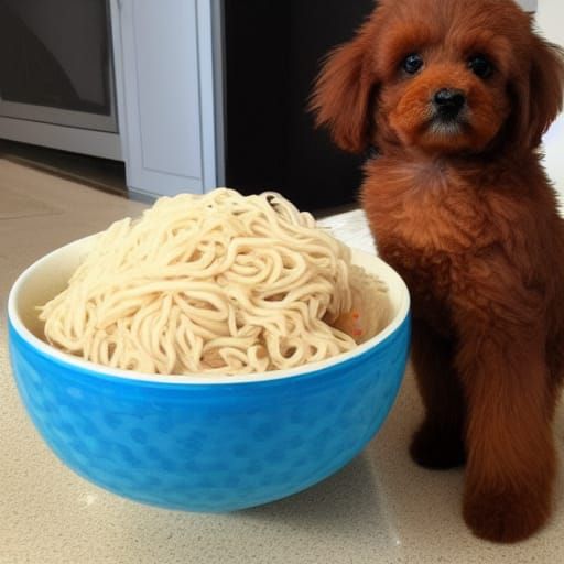 Maltipoo Dog Contemplates Rice and Noodles