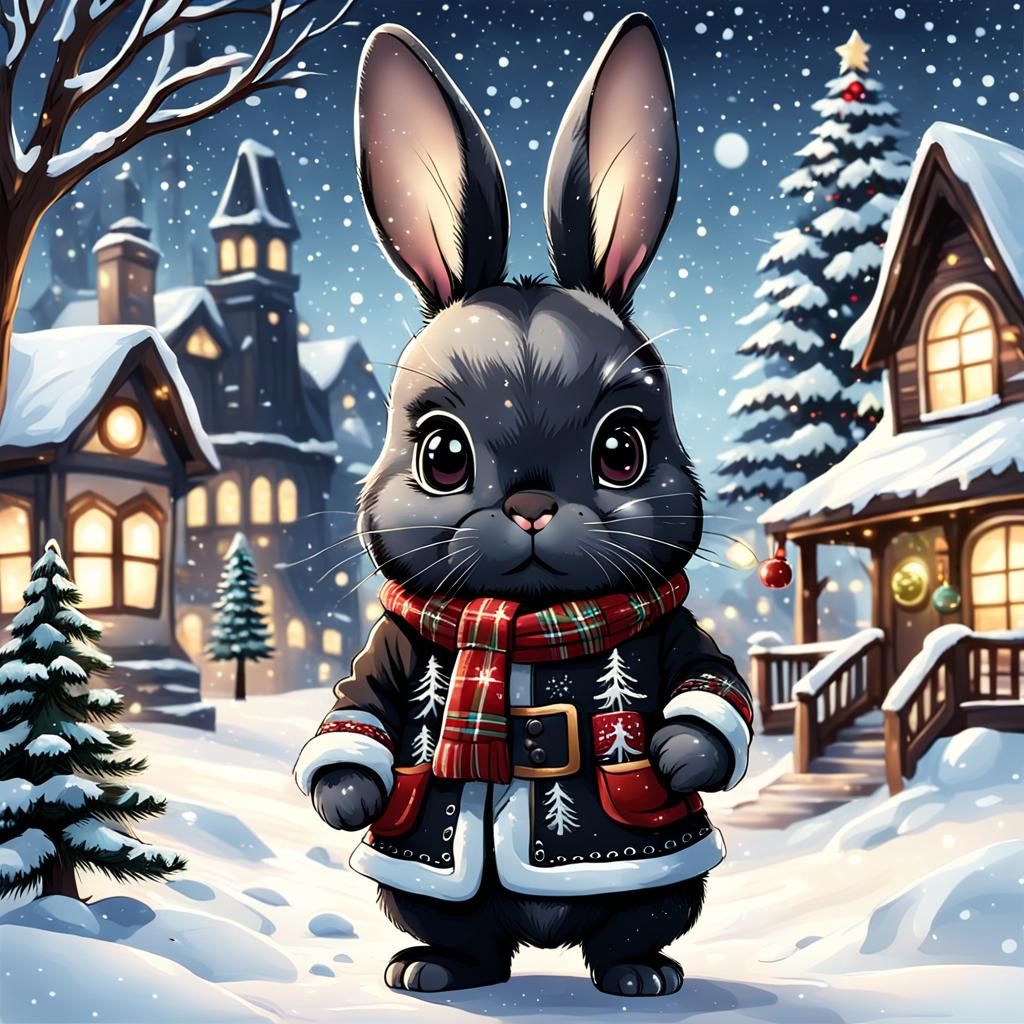 Chibi Black Bunny Celebrates Christmas