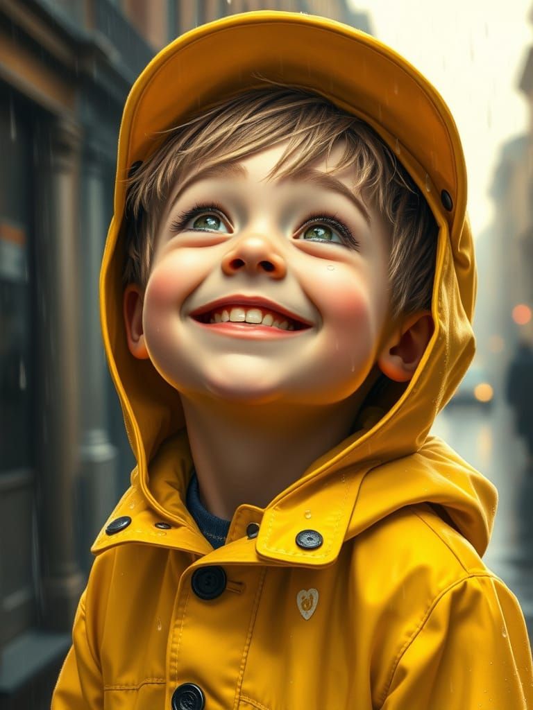 Cheerful Boy Sees Sunshine Amidst Rainy City Streets in Whim...