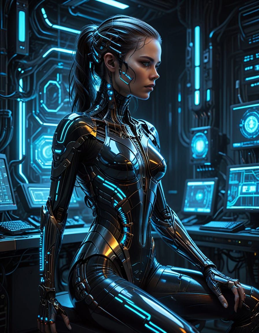 Cyborg Woman Interfaces with Holographic Code in Futuristic....