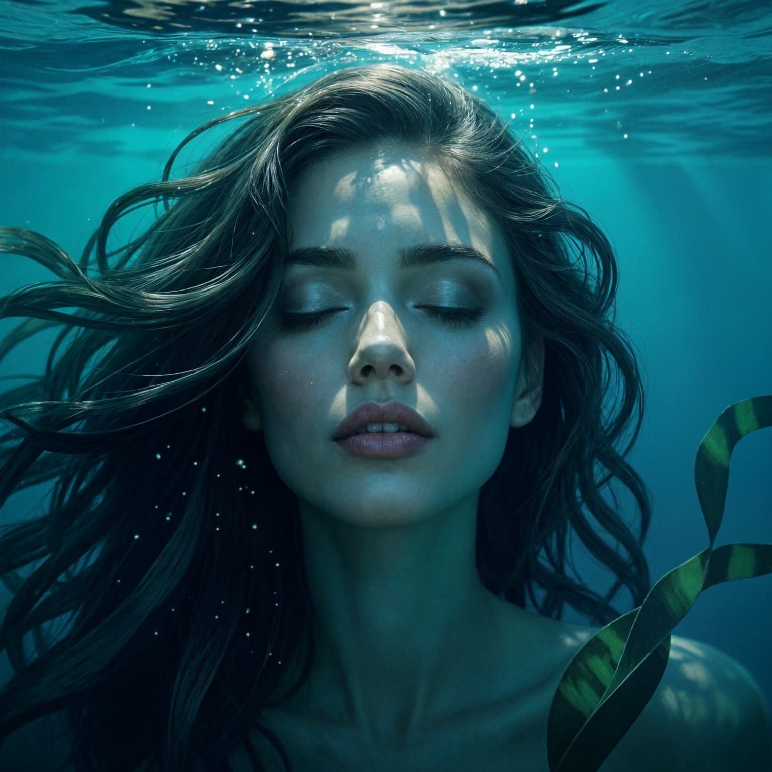 Bioluminescent Kelp Woman in Deep Ocean Trench