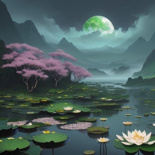 Surreal Water Lotus Landscape in Deep Fantasy Art Style