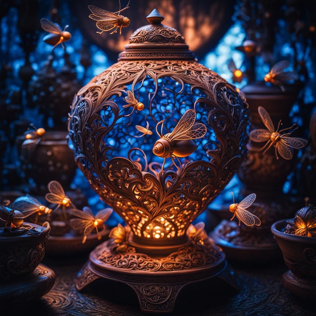 Enchanted Clay Pottery with Fireflies in Hyperrealistic Styl...