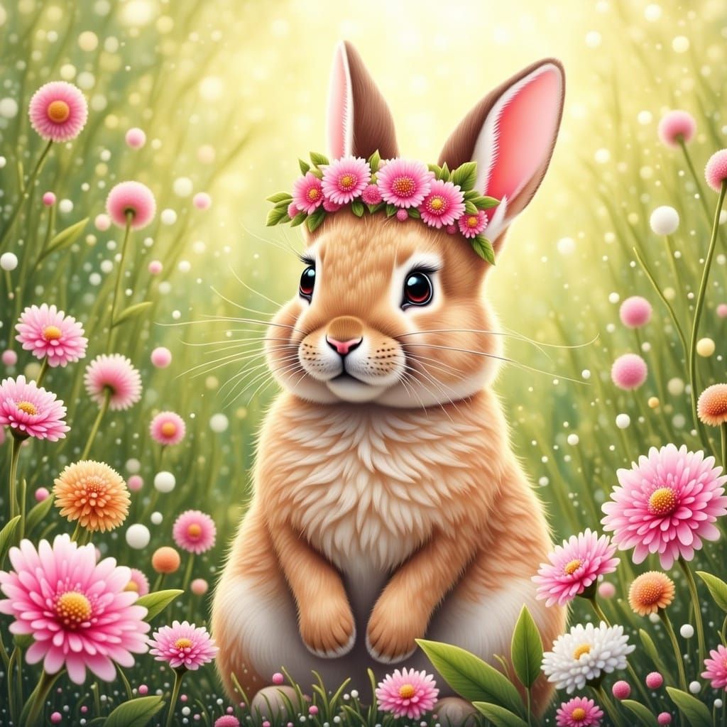Adorable Bunny in Flower Garden, Watercolor Illustration