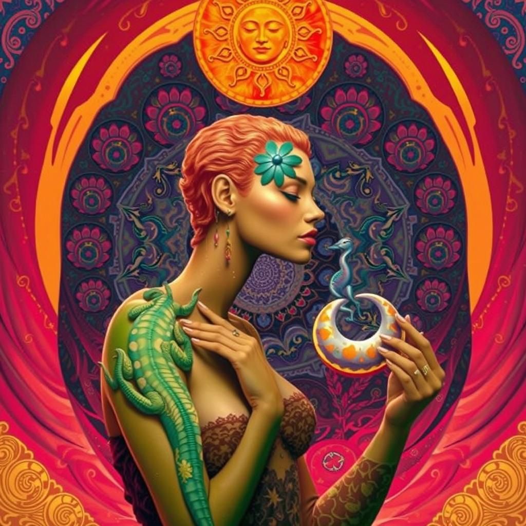 Lizard Woman with Sun, Moon and Mushroom