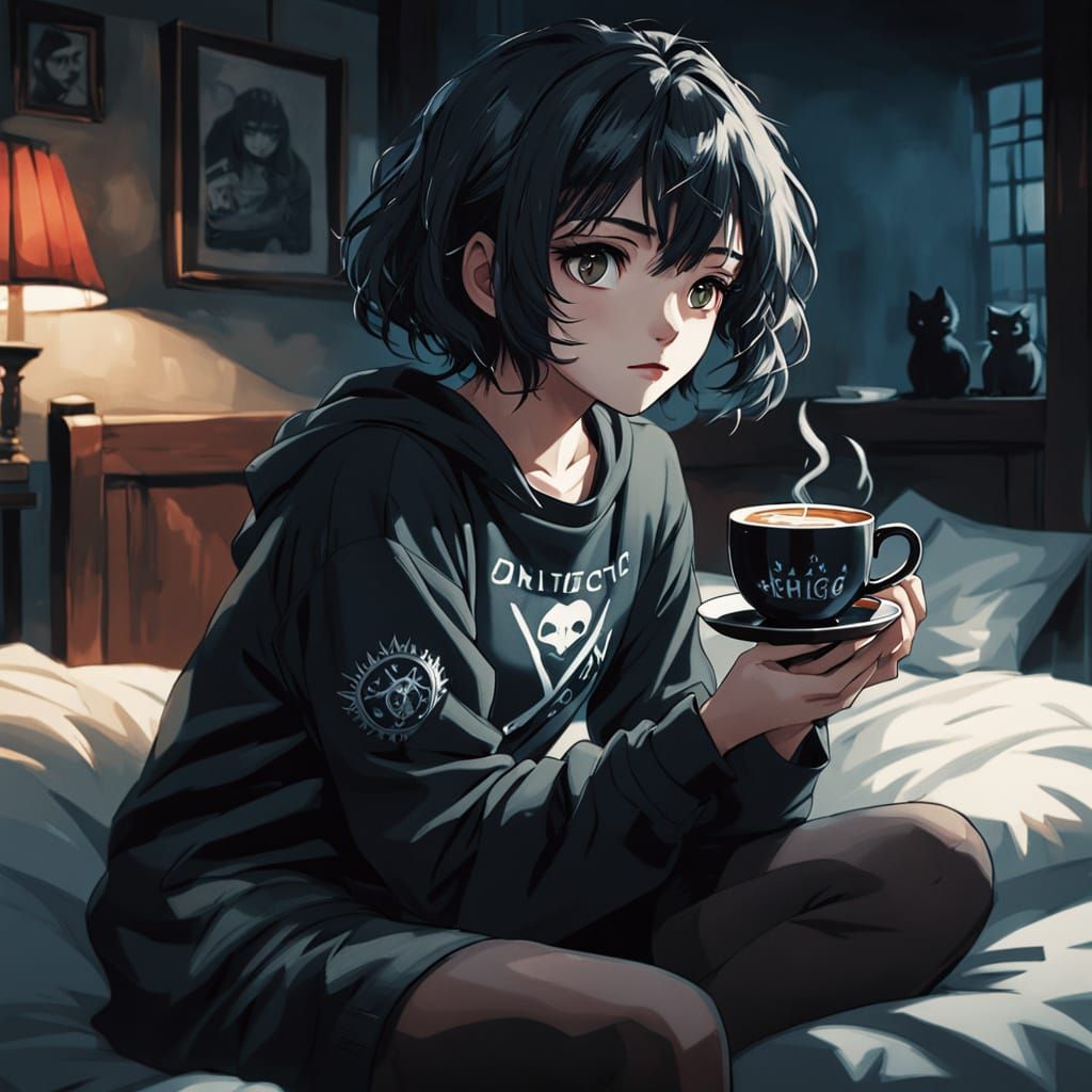 Young Emo Woman in Gothic T-Shirt Sits with Kitten in Anime ...