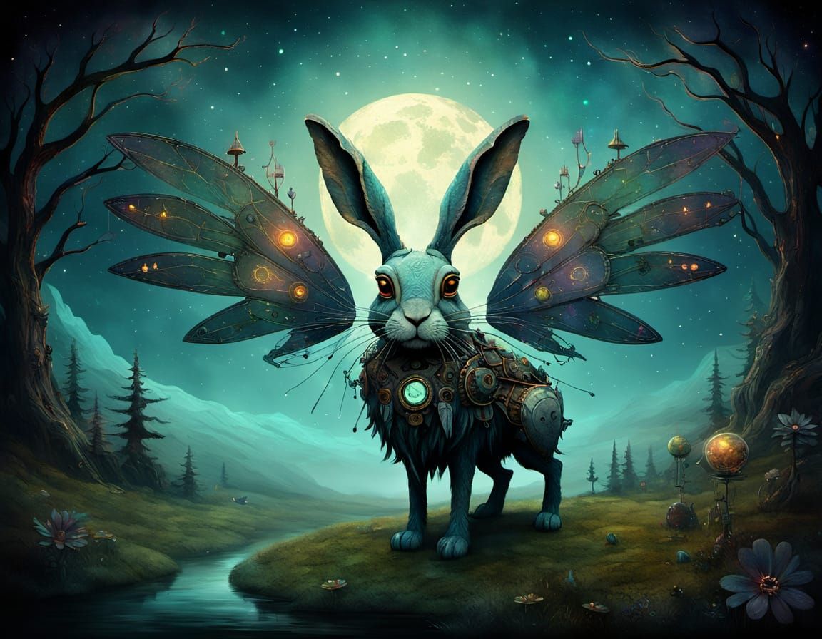 Cosmic Hare Prophet with Mechanical Wings