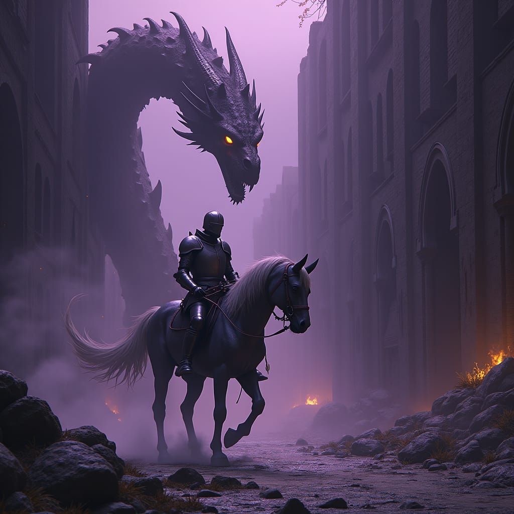 Serpentine Wyrm Stalks Knight in Dark Fantasy Realm