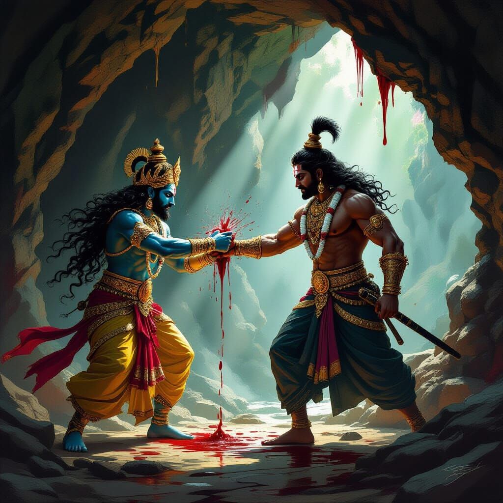 Epic Battle: Bali vs Mayavi in Dramatic Indian Art