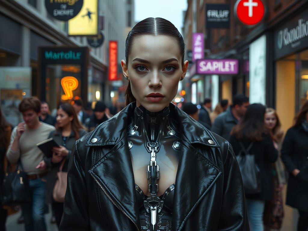 Cyborg Woman in a Surreal Cityscape