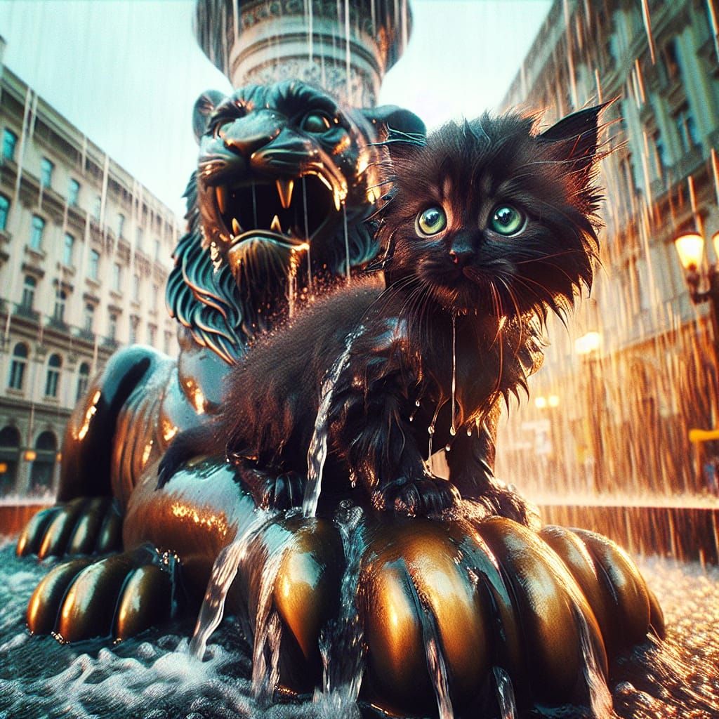 Emerald-Eyed Kitten in Rain on Bronze Tiger Statue