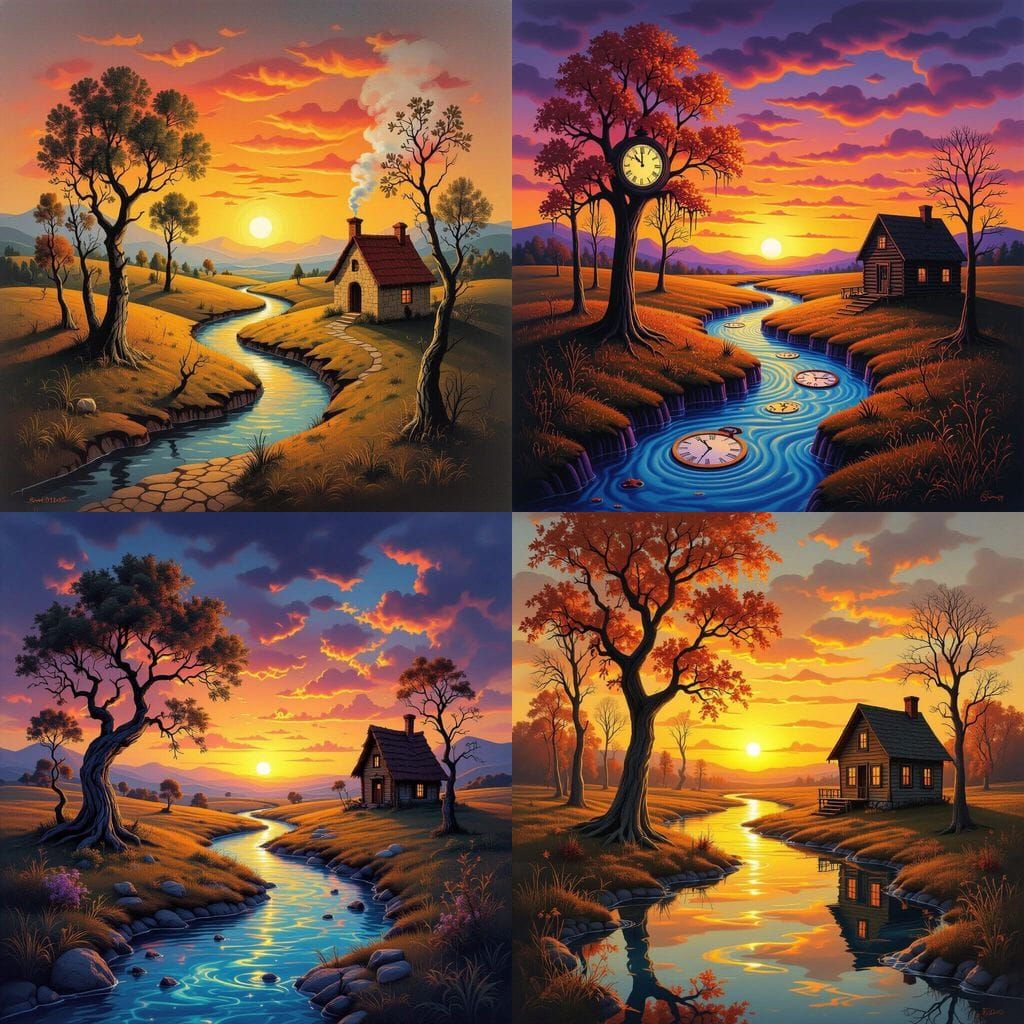 Surreal Autumn Landscape with River and Cabin